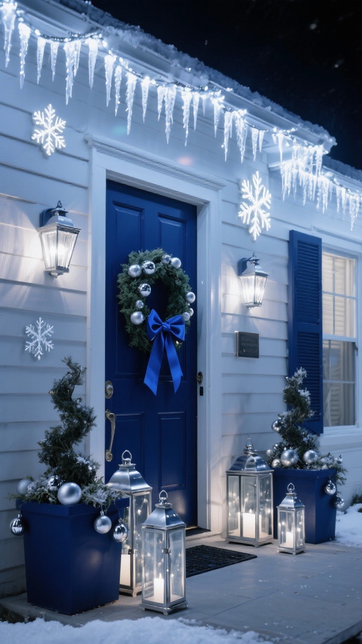 Straight-on night facade with a midnight blue and silver theme: deep navy accents including a navy door bow, navy ribbon woven through a wreath, and navy planters, silver ornaments glinting, cool-white icicle lights along the eaves, delicate snowflake light projectors drifting softly across the exterior, and a cluster of silver lanterns with frosted glass setting a calm, celestial tone.