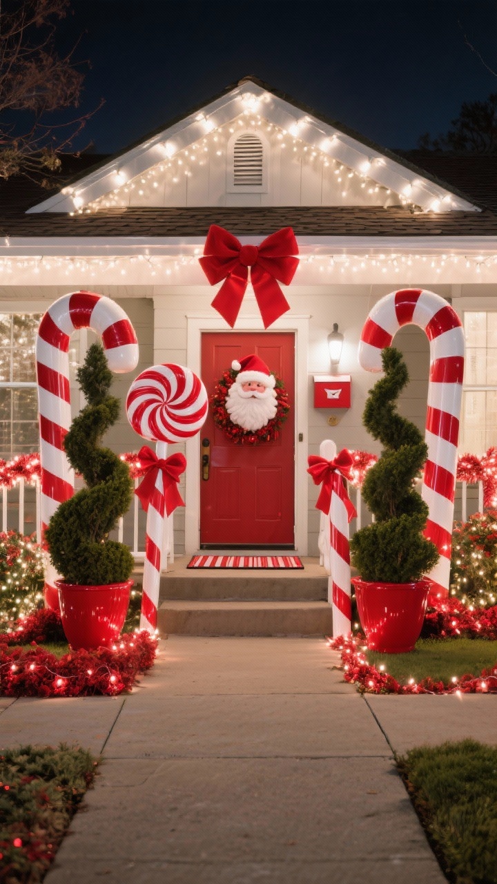 Straight-on wide curb view: Candy Cane Lane Classic with crisp warm white lights outlining the roofline. Oversized candy cane stakes in a repeating pattern along the sidewalk, porch rail wrapped in red-and-white ribbon garland and oversized red bows. Two matching topiary trees in glossy red planters flank the door. Giant peppermint lollipops and a striped doormat lead to a Santa mailbox for letters. Red-and-white twinkle net lights blanket the shrubs; a subtle spotlight illuminates the front door. Palette: true red, bright white, evergreen. Photorealistic, festive nighttime glow.