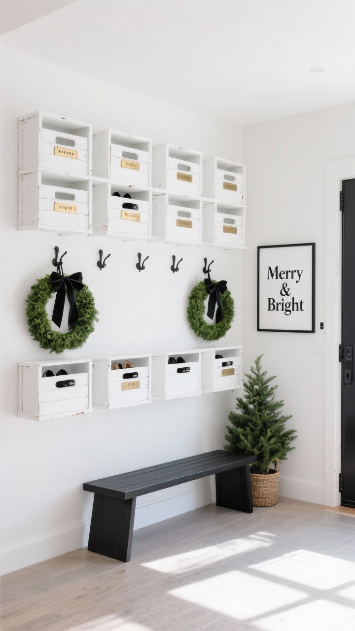 Straight-on wide shot of a modern minimal entryway: all-white milk crates mounted in a neat grid from shoe height to shoulder height forming a modular drop zone. Each cubby labeled with brass tags; matte-black hooks nearby. Two identical boxwood wreaths hung with black satin ribbon. Slim black bench, narrow runner, small potted spruce, framed “Merry & Bright” print. Palette: white, black, natural wood, deep green. Bright, clean daylight; crisp shadows emphasizing order and function.