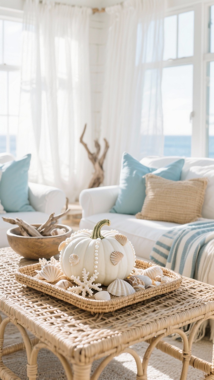Sunlit wide shot of a coastal sunroom: wicker coffee table topped with a rattan tray holding seashell-encrusted white pumpkins adorned with mini shells, faux coral bits, and pearlescent beads for oceanic texture. Gauzy white curtains, pale blue and sand-toned pillows on a sofa, a bowl of driftwood, and a striped throw. Materials of rattan, linen, jute, and shell; soft natural light, color palette of white, sea-glass blue, sand, and pearl; serene coastal calm.