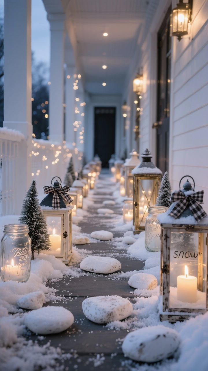 Twilight path medium-wide view: a walkway lined with mixed-size thrifted lanterns filled with battery candles and faux snow; alternated with mason jars sprayed with frosted glass paint, tied with subtle plaid ribbon; white river stones scattered, with Epsom salt “snow” dusted between; occasional jars contain tiny bottlebrush trees as mini snow scenes; color palette white, charcoal, soft brass, subtle plaid; soft twinkle ambiance.