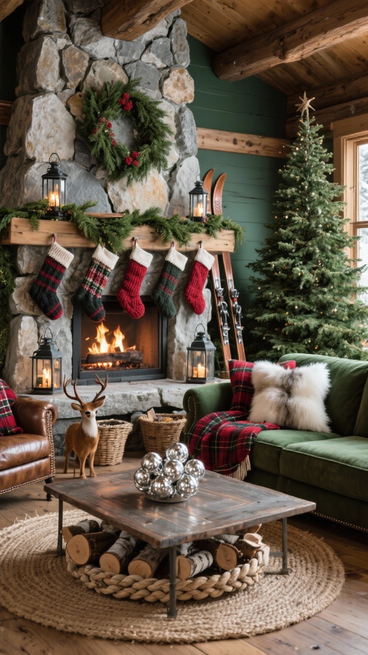 Wide alpine lodge living room, low corner perspective: a massive stone fireplace wrapped with thick cedar garlands, chunky knit stockings, and vintage skis leaned in the corner. Palette of forest green, cranberry, charcoal, and cream. Leather club chair draped with a tartan wool throw, faux fur pillows on a deep sectional, braided jute tree skirt at the base of the tree. Iron lanterns, wooden reindeer, basket of birch logs, and a mercury glass tree cluster on the coffee table catching firelight sparkle. Cozy, rustic textures, photorealistic.