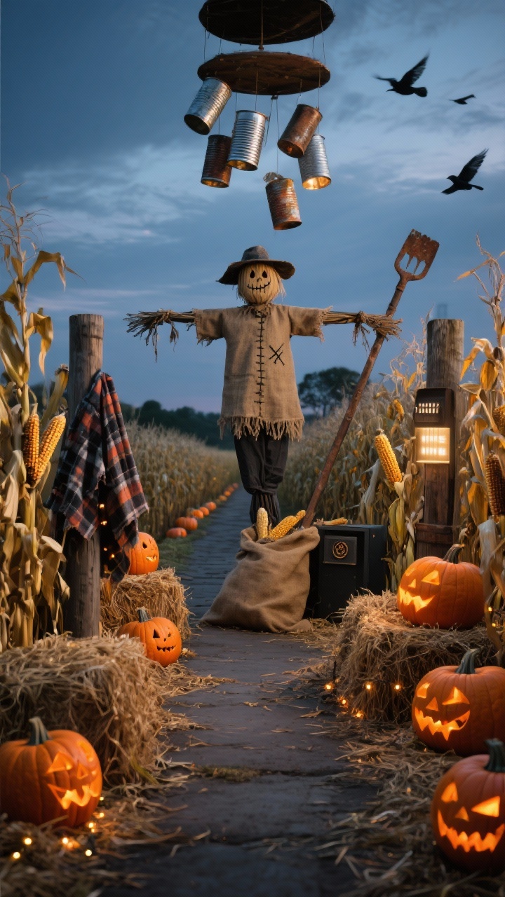 Wide-angle pathway scene at twilight: a cornfield-inspired walkway lined with bundles of dried corn stalks, hay bales, and a patchwork of carved pumpkins glowing with flickering LEDs; center stage a towering scarecrow with stitched burlap face and long, crooked arms; rusty farm tools propped along the path, torn plaid shirts draped over posts; straw spilling from a busted burlap sack; discreet sound box for wind and distant crows implied; motion-triggered tin-can mobile overhead; palette of harvest gold, pumpkin orange, midnight black; rustic, unsettling farm ambiance, no people.