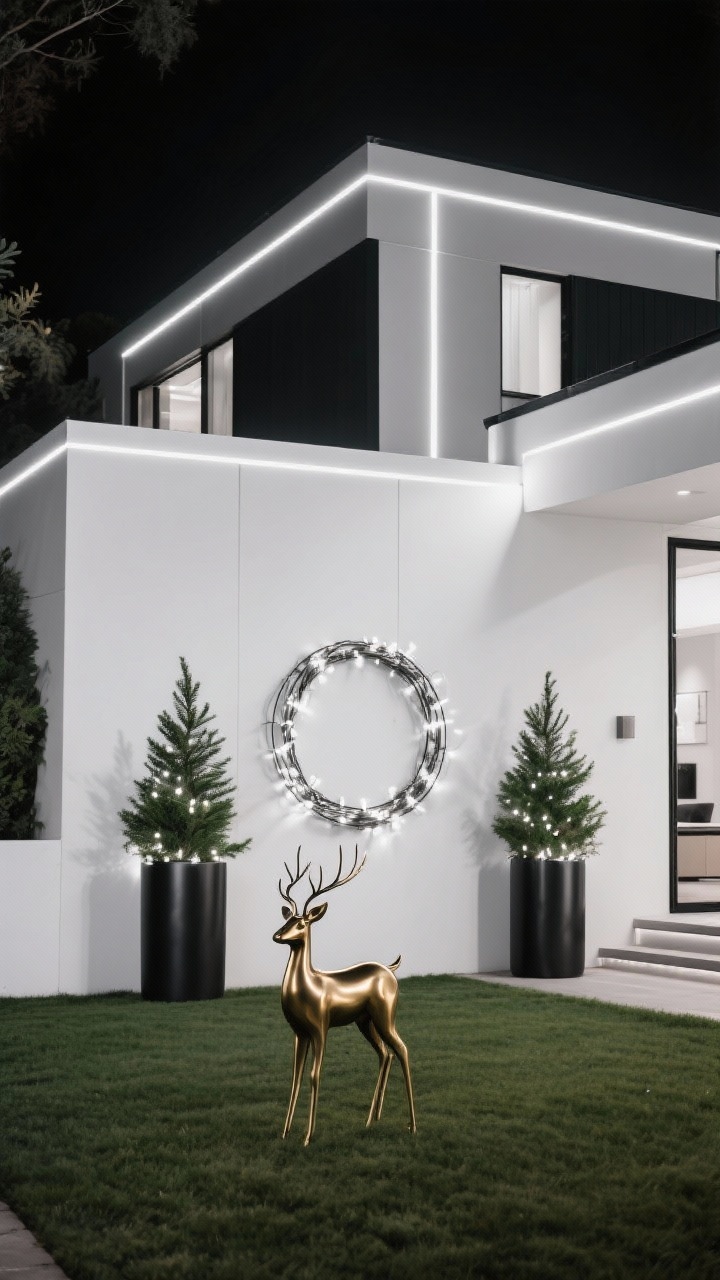 Wide architectural exterior shot in a modern minimalist monochrome palette: black, white, and matte metallic accents, home’s geometry outlined with thin, straight LED strip lights (no scallops), a simple metal hoop wreath with two opposing greenery clusters, crisp planters—tall black cylinders with narrow Nordmann fir branches and white fairy lights—and a single matte brass modern reindeer sculpture centered on the lawn; sleek, clean lines at night.