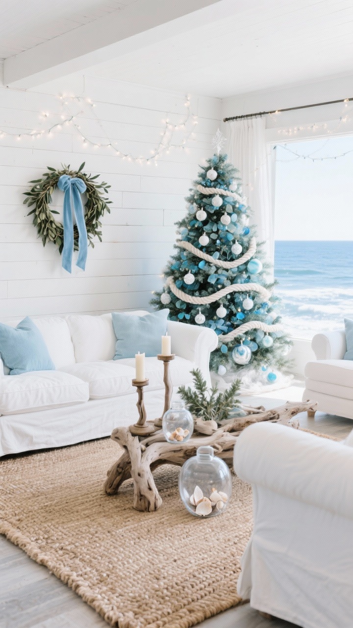 Wide coastal scene: Winter blues living room with white slipcovered sofas, woven jute rug, and driftwood candlesticks accented by eucalyptus; Christmas tree featuring sea-glass blues, pearly whites, and rope accents; clear glass ornaments filled with tiny shells; shiplap wall with an olive-branch wreath hung by a soft blue velvet ribbon; soft blues, white, sandy neutrals; cool white lights for a crisp, ocean-kissed feel; airy daylight.
