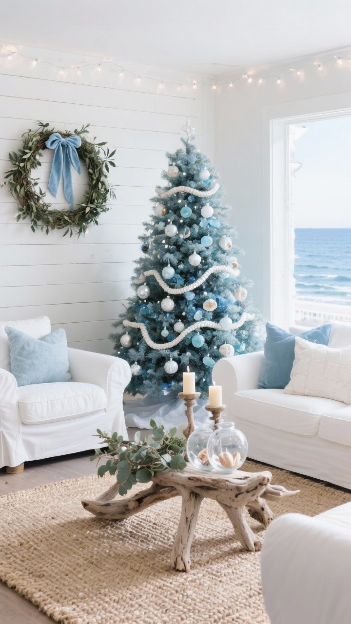 Wide coastal scene: Winter blues living room with white slipcovered sofas, woven jute rug, and driftwood candlesticks accented by eucalyptus; Christmas tree featuring sea-glass blues, pearly whites, and rope accents; clear glass ornaments filled with tiny shells; shiplap wall with an olive-branch wreath hung by a soft blue velvet ribbon; soft blues, white, sandy neutrals; cool white lights for a crisp, ocean-kissed feel; airy daylight.
