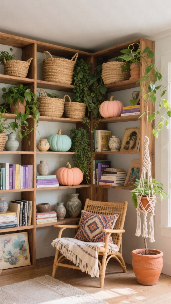 Wide corner bookshelf scene: a tall open shelf filled with woven baskets, trailing plants, and pastel-painted pumpkins in peach, seafoam, and dusty lavender tucked between stacks of art books and thrifted ceramics; grounded by a low rattan lounge chair with a kilim pillow and fringed throw; a terracotta pot and a macramé plant hanger add boho layers; warm wood and leafy greens palette, soft afternoon light; photorealistic, no people.