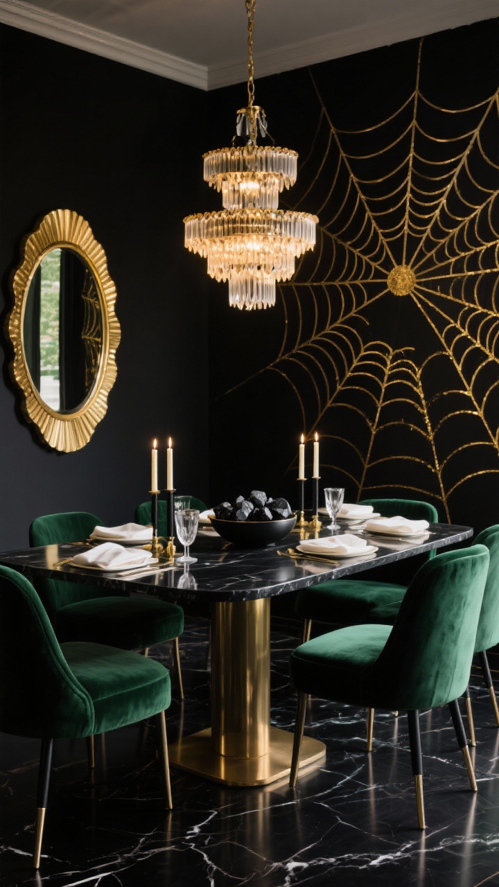 Wide dining room shot, noir Art Deco mood: iPhone wallpaper with gold-foil spiderwebs arranged like Deco fans on an obsidian ground; rectangular black marble dining table with brushed brass legs, emerald velvet chairs; tiered chandelier casting warm Gatsby-esque light; black taper candles, crystal coupes, scalloped edge ivory linens; gold-rim mirror on the wall, shallow bowl of obsidian stones at center; palette obsidian, gold, emerald, ivory; photorealistic, evening ambience.