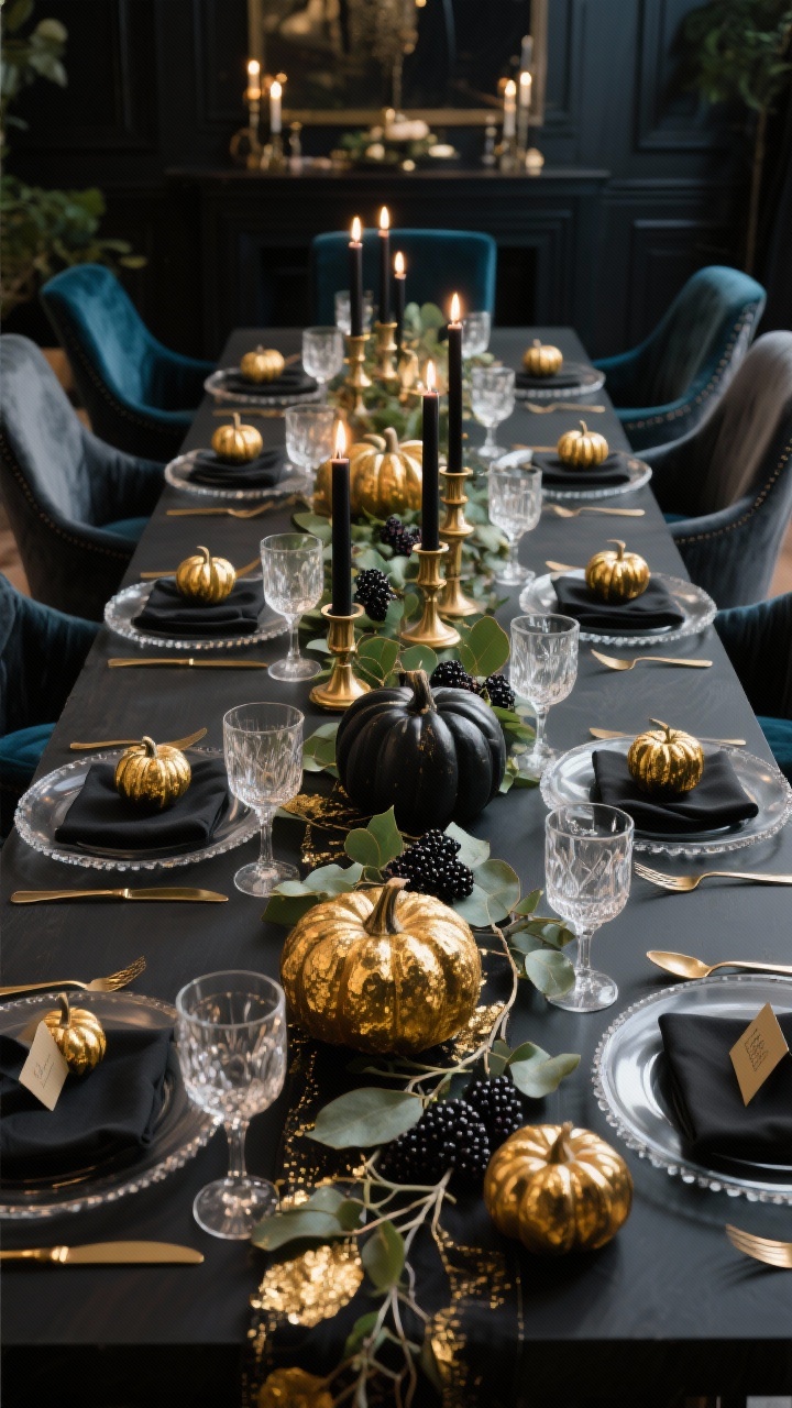 Wide dining table scene: A glam dining room tablescape with smoky glass chargers, black linen napkins, and brass flatware; a central runner mixing gold-leaf pumpkins with black taper candles in vintage brass holders, interwoven eucalyptus and blackberries; clear crystal coupes at each setting and petite gilded pumpkins as place card holders; palette of black, gold, deep green, and ink blue with charcoal/dark velvet chairs; moody evening candlelight with reflective highlights, photorealistic.