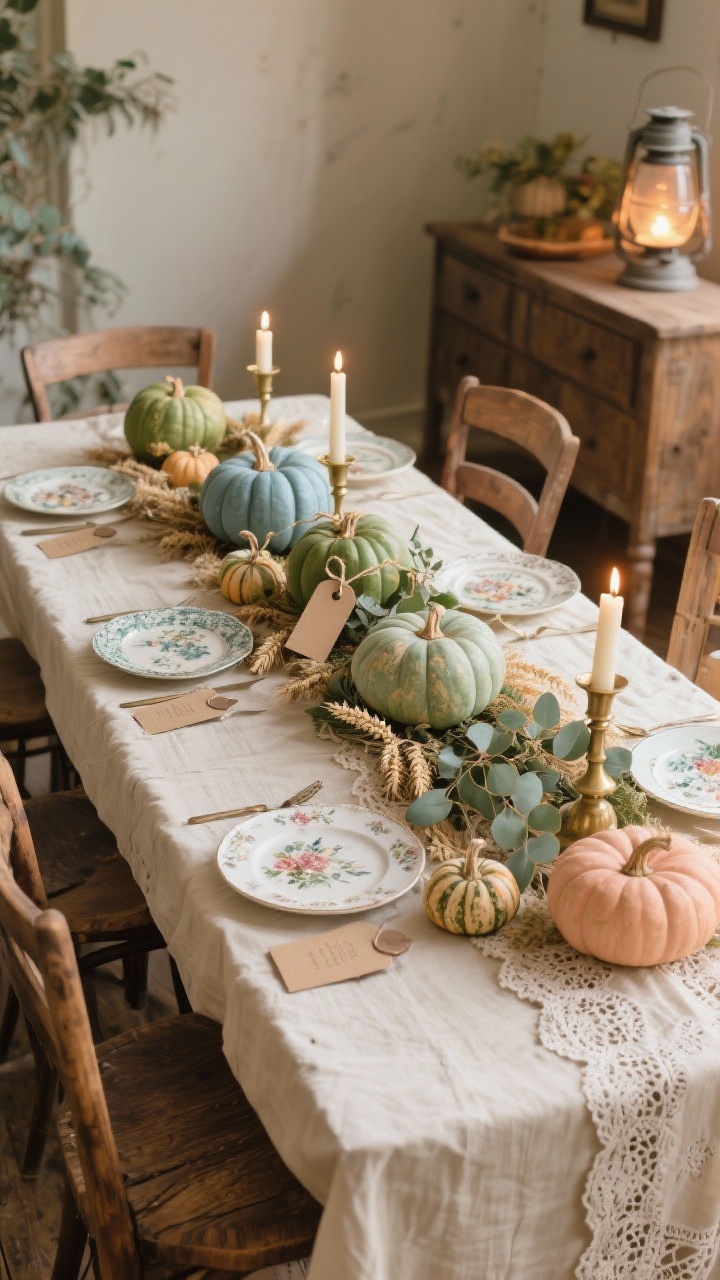 Wide dining table scene, Cottagecore: harvest feast setup with cream linens and a lace-trimmed tablecloth, vintage floral plates, a eucalyptus-and-dried-wheat runner down the center; heirloom pumpkins in sage green, dusty blue, and pale peach clustered with brass candlesticks peeking through; mini pumpkins used as place cards tied with twine and kraft paper tags; mismatched wooden chairs; a soft lantern glowing on the sideboard; textures of linen, lace, weathered wood; warm, candlelit atmosphere, no people.
