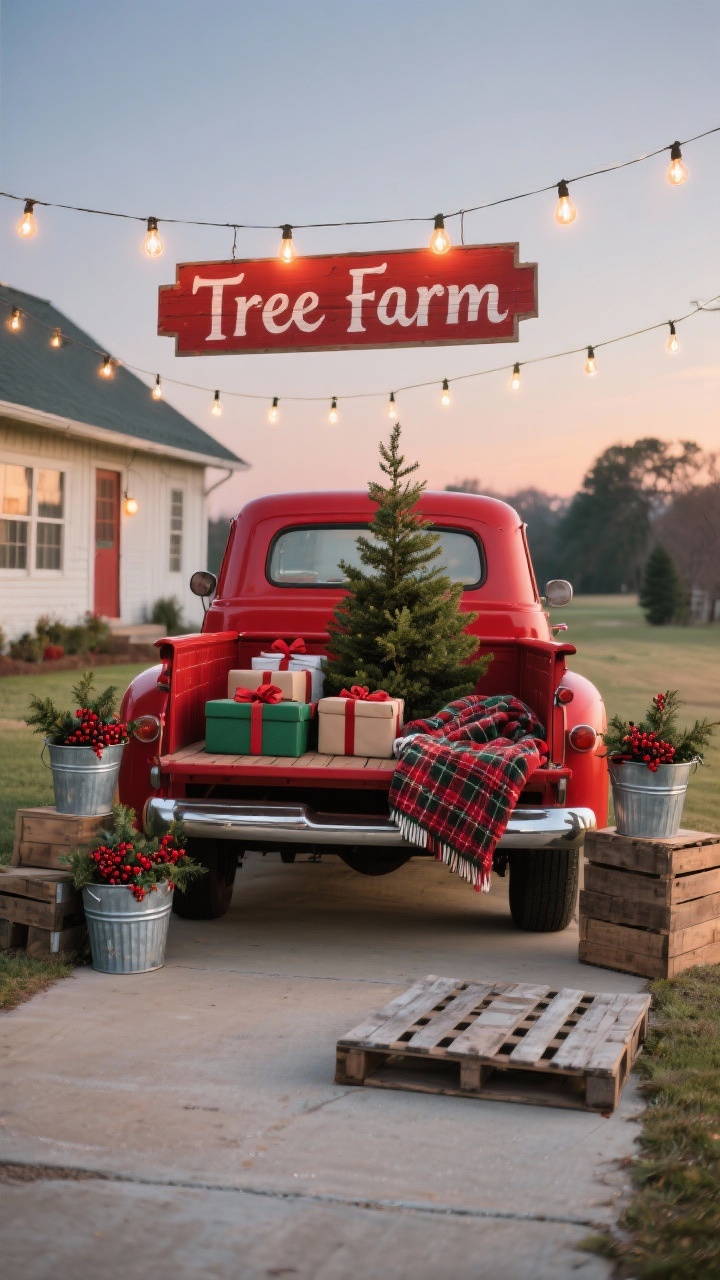 Wide driveway scene with a vintage red truck parked in a farmhouse yard: truck bed loaded with a mini tree, wrapped gifts, and plaid blankets; galvanized buckets filled with holly and red berries flanking the truck; rustic wooden crates for height; a hand-painted “Tree Farm” sign; warm Edison-style string lights draped overhead; cherry red, hunter green, warm white, galvanized metal palette; dusk ambiance, photorealistic.