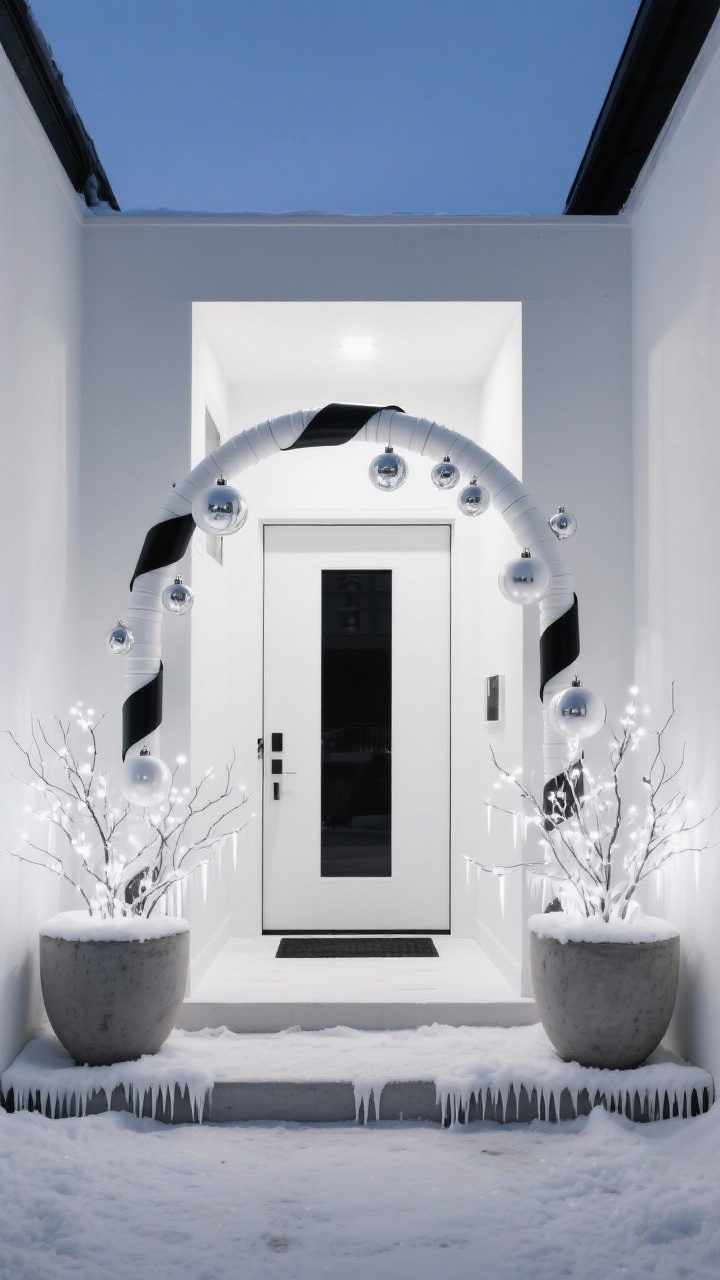 Wide entry shot with modern minimal aesthetic: a clean PVC pipe arch over the door wrapped in black-and-white ribbon; matte ornaments in a single monochrome family (all white with touches of silver) dotted along the arch; two large concrete planters anchoring the base, filled with bare branches sprayed white; crisp icicle lights adding snowy sparkle; palette white, black, silver; evening blue-hour lighting for a sleek graphic look; straight-on.