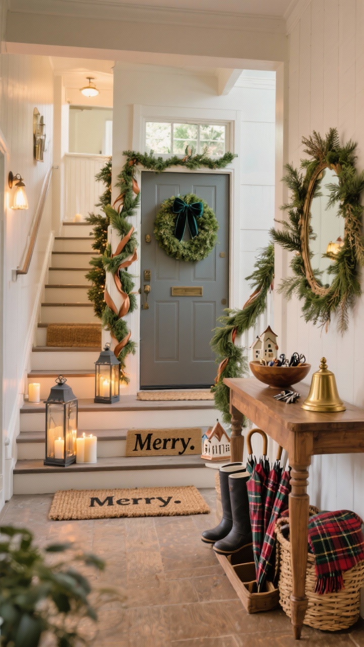 Wide entryway vignette from exterior to interior transition, straight-on: outside door framed by cedar garland, a full evergreen wreath with a velvet bow, lanterns on the steps with flameless candles, and a coir mat reading “Merry.” Inside, a wooden console table with a bowl for keys, a brass bell, and a ceramic village scene; boot tray with plaid umbrellas, basket of scarves, mirror crowned with greenery. Staircase garlands with satin ribbon trails for drama. Warm, welcoming lighting, photorealistic.