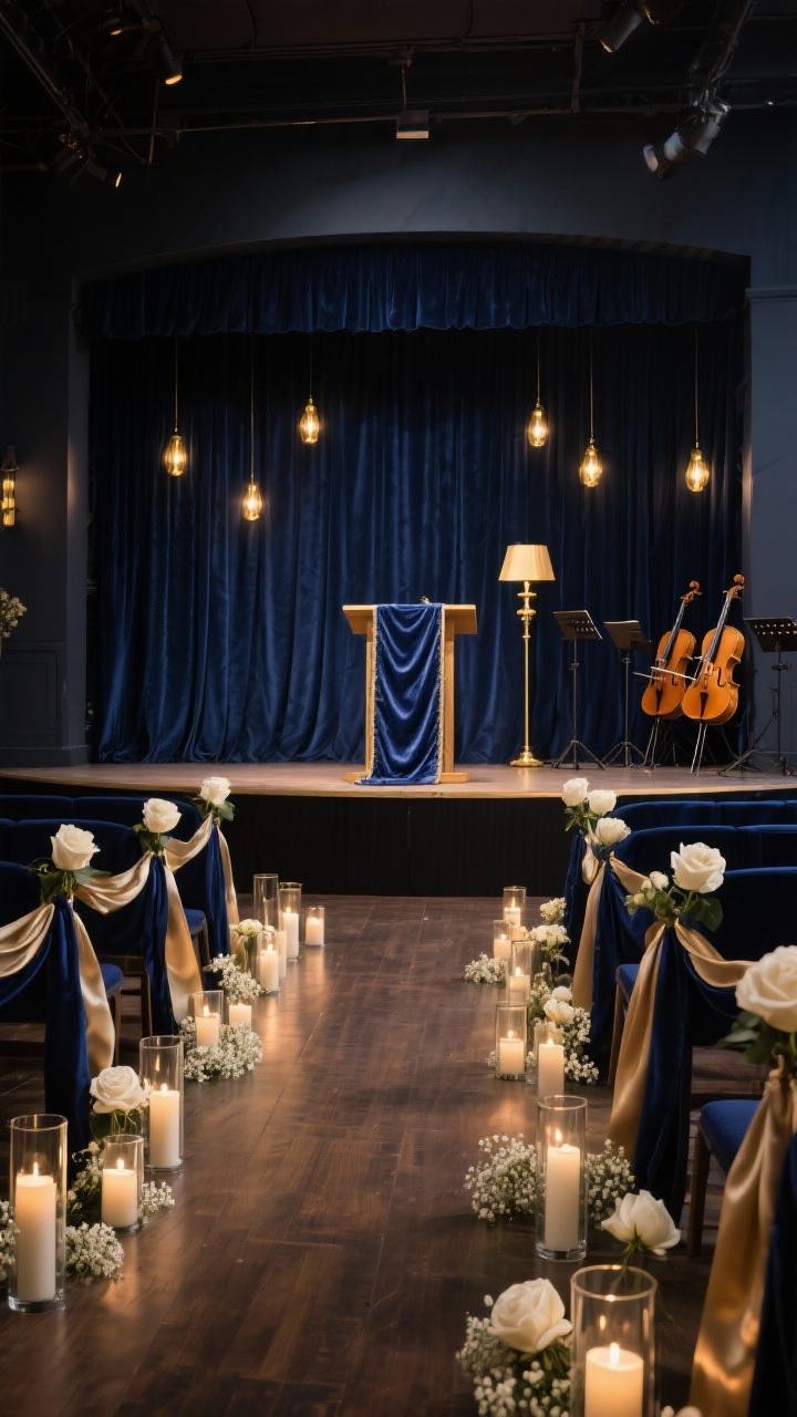 Wide evening sanctuary shot with moody lighting: navy velvet backdrop behind the stage with soft gold clip lights glinting; stage floor dotted with mixed-height candles in glass cylinders; small clusters of white roses and baby’s breath among the candles; seating aisles draped with navy or champagne ribbons; discreet string quartet stands to one side; pulpit dressed with a velvet runner and a brass lamp; palette navy, champagne, gold, warm white; textures velvet, glass, satin ribbon, brass; dim, luminous atmosphere; photorealistic, no people.