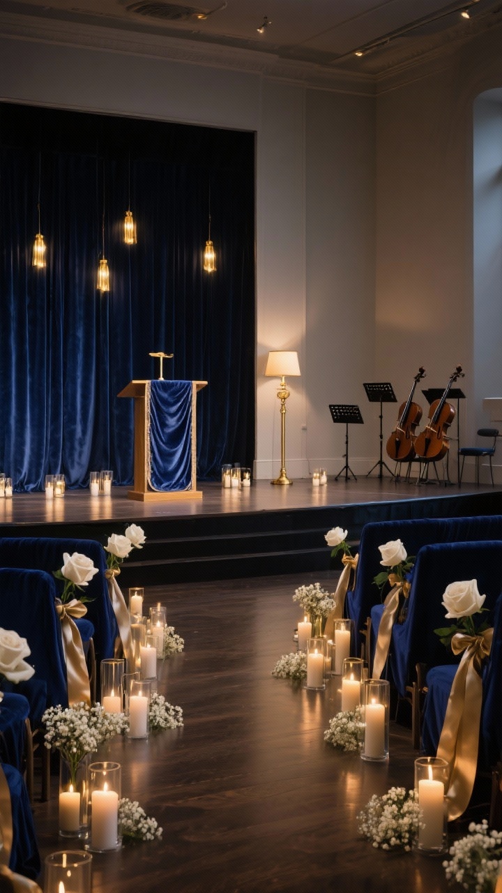 Wide evening sanctuary shot with moody lighting: navy velvet backdrop behind the stage with soft gold clip lights glinting; stage floor dotted with mixed-height candles in glass cylinders; small clusters of white roses and baby’s breath among the candles; seating aisles draped with navy or champagne ribbons; discreet string quartet stands to one side; pulpit dressed with a velvet runner and a brass lamp; palette navy, champagne, gold, warm white; textures velvet, glass, satin ribbon, brass; dim, luminous atmosphere; photorealistic, no people.