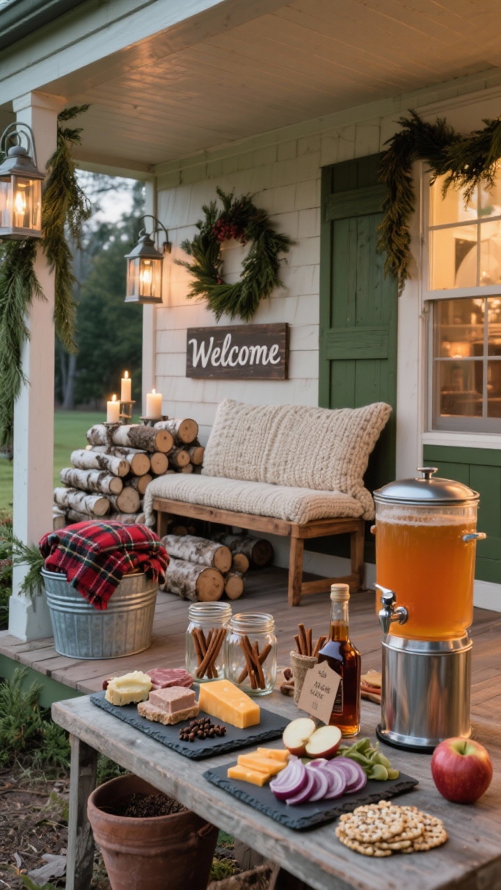 Wide exterior porch shot, straight-on: Farmhouse porch dressed for a hot cider welcome. Cedar garlands, galvanized lanterns with pillar candles, a chunky knit bench cushion, simple wooden “Welcome” sign, stacks of birch logs, plaid blankets folded in a galvanized tub. On a potting bench, a hot cider station: lidded warm beverage dispenser, mason jars, cinnamon sticks, cloves, maple syrup, bourbon bottle, kraft paper labels. A rustic charcuterie spread on slate boards: country pâté, sharp cheddar, apple slices, pickled onions, seeded crackers. Palette: barn wood, pine green, cream, muted red. Cozy evening glow. Photorealistic.