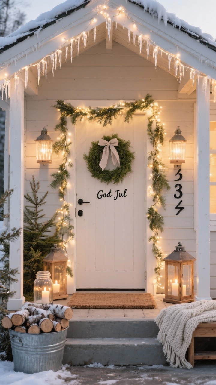 Wide exterior shot, straight-on view: A minimalist Nordic chalet-style front porch at dusk, wrapped in warm white micro-LED garlands around porch posts, sprigs of real pine and cedar tucked into the greenery. Unfinished wooden lanterns with flickering battery candles flank the door, a thick cream knit doormat lies beneath a simple “God Jul” sign. Birch logs piled in a galvanized tub, a wool blanket draped over a bench, matte black house numbers on the siding. Icicle lights trace the roofline; frosted jars with candles glow on the steps. A plain greenery wreath tied with a linen ribbon on the door. Palette: cream, warm white, frost, natural wood. Photorealistic, golden hour warmth.