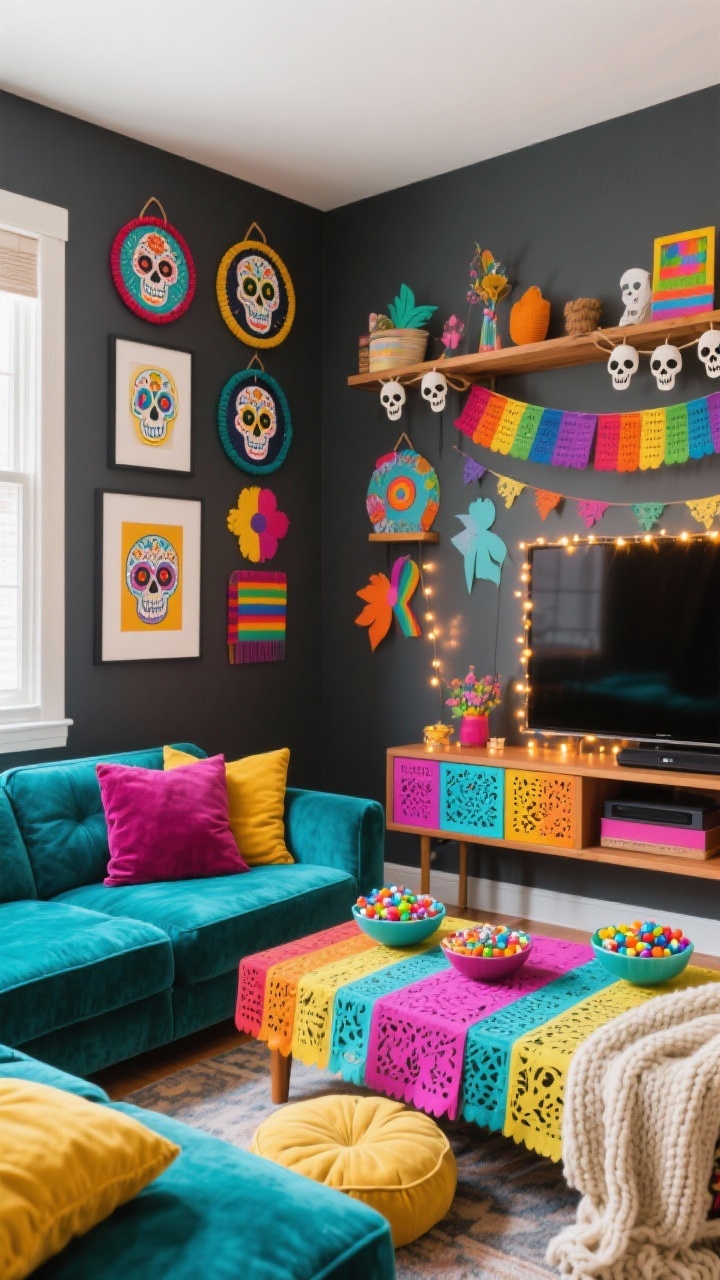 Wide family room, playful corner angle: a gallery wall of sugar skull art—prints, embroidery hoops, and paper cut-outs—in rainbow hues above a low media console transformed into an altar with bright papel picado runners and bowls of colorful candies. Modular sectional with floor cushions in saturated velvet—teal, magenta, saffron—plus a chunky knit throw. Fairy lights outline the TV frame; a felt garland of mini skulls drapes across shelving. Palette: rainbow brights grounded by charcoal and wood. Even, cozy indoor lighting.