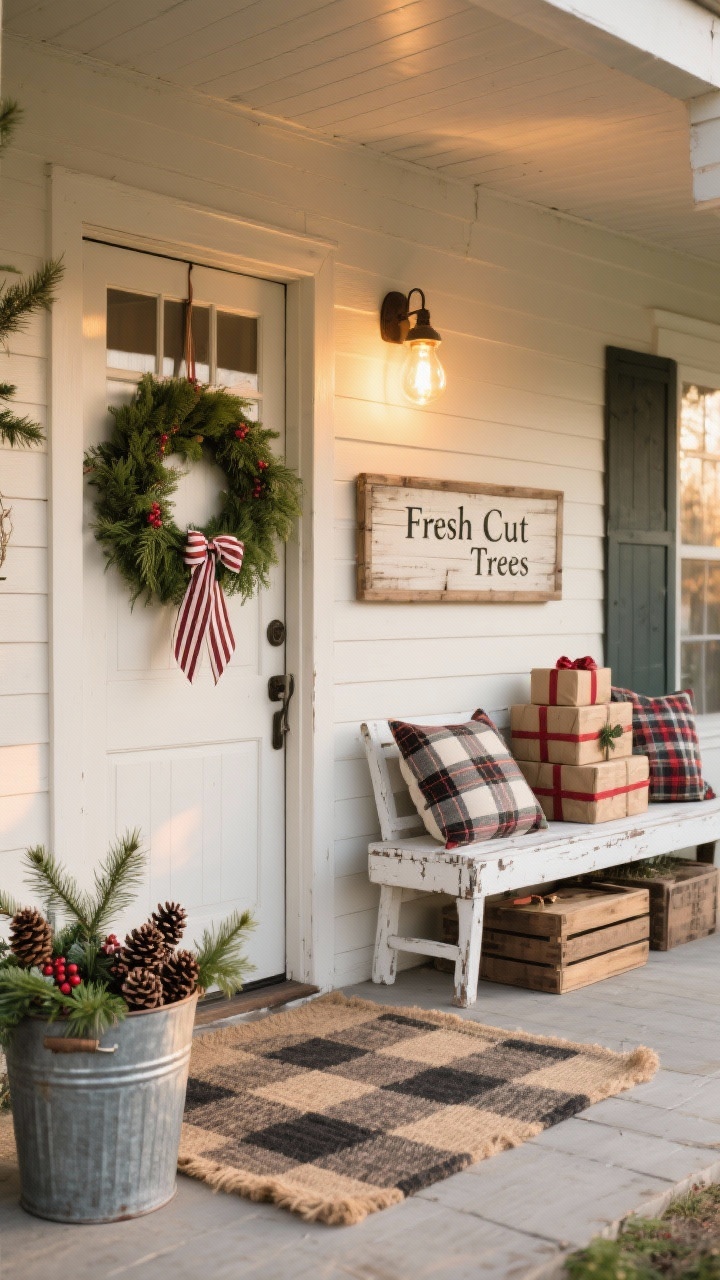 Wide farmhouse porch shot in warm golden-hour light: mixed greens wreath with ticking stripe ribbon on the door; galvanized buckets overflowing with cedar, pinecones, and berry sprigs; a wooden “Fresh Cut Trees” sign leaning against the wall; chippy white bench with plaid pillows; a stack of wrapped “presents” made from wooden crates; jute rug layered over a checkered mat; warm Edison bulbs or a marquee-style porch light illuminating the scene; palette of cream, charcoal, evergreen, and barn red accents, photorealistic.