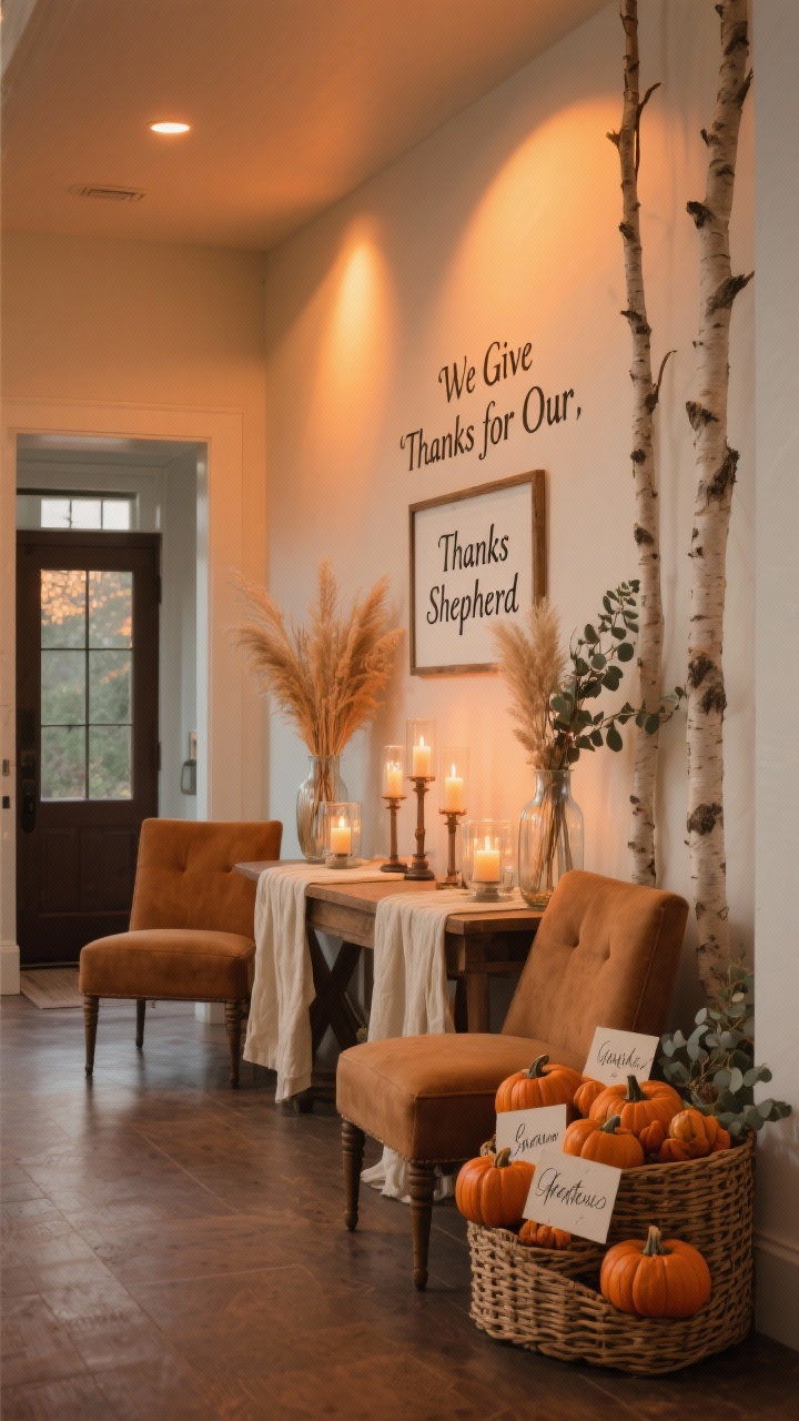 Wide foyer shot, straight-on view: a warm welcome church entry bathed in amber LED uplight washing a wall verse decal; narrow console table with a soft cream linen runner, pillar candles in glass hurricanes, and a framed sign reading “We Give Thanks for Our Shepherd”; two warm tan upholstered accent chairs flanking the table; along the wall, birch stands holding vases of dried grasses and eucalyptus; a woven rattan basket brimming with mini pumpkins and hand-lettered gratitude cards; textures of linen, rattan, glass, and dried botanicals; palette of amber, rust, and soft cream; soft evening interior lighting, photorealistic, no people.