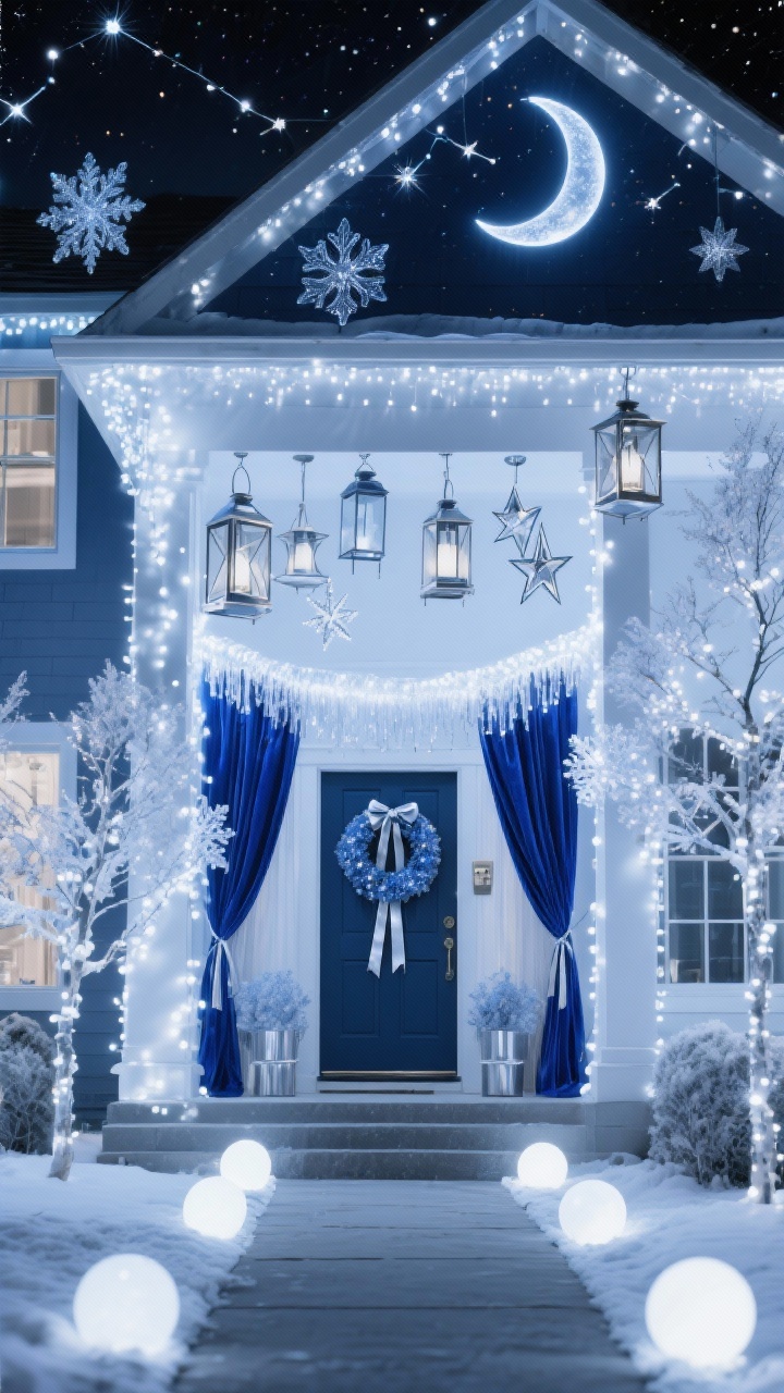 Wide front elevation at night: Polar Night Sky theme with navy and icy silver accents. The house draped in cool white lights; metal star lanterns in varying sizes hang from the porch ceiling like constellations. Frosted acrylic snowflakes cling to windows; a blue velvet wreath tied with silver ribbon on the door. Meteor shower lights cascade from trees; cool white curtain lights create a luminous backdrop. A crescent moon marquee near the entry, with a walkway lined by glowing orbs. Palette: navy, cobalt, silver, cool white. Photorealistic, crisp modern starlit atmosphere.