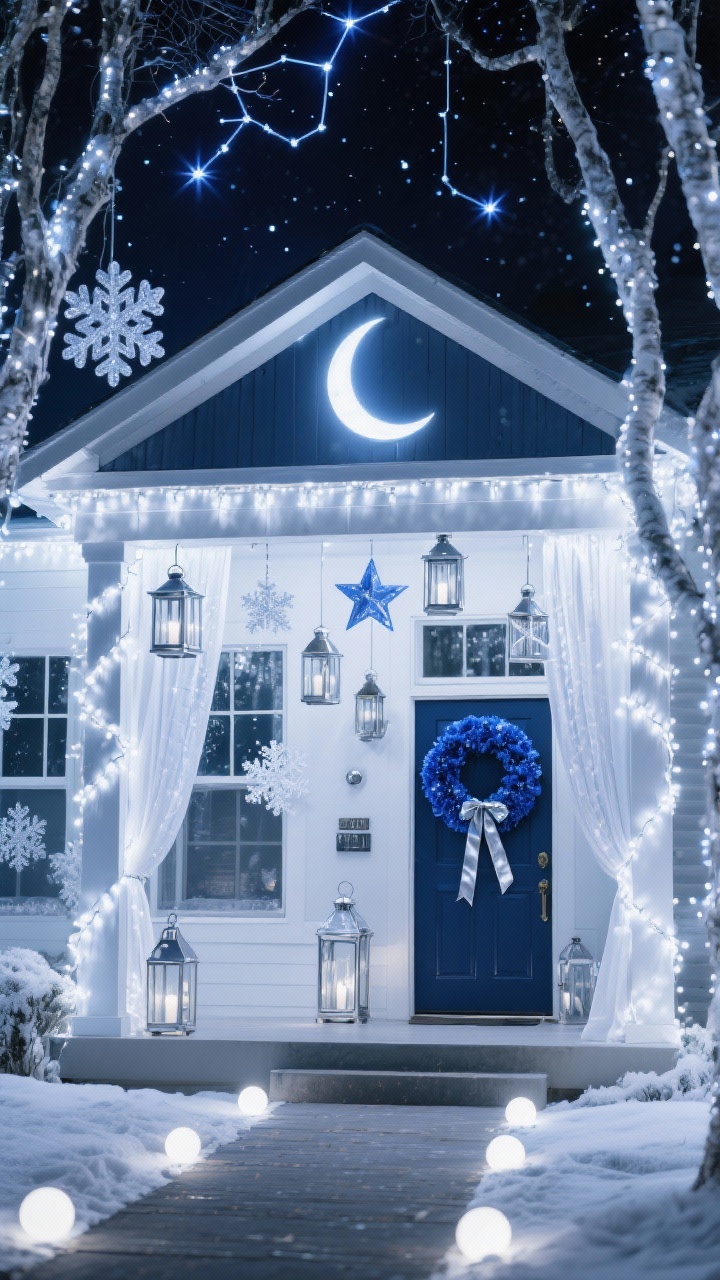 Wide front elevation at night: Polar Night Sky theme with navy and icy silver accents. The house draped in cool white lights; metal star lanterns in varying sizes hang from the porch ceiling like constellations. Frosted acrylic snowflakes cling to windows; a blue velvet wreath tied with silver ribbon on the door. Meteor shower lights cascade from trees; cool white curtain lights create a luminous backdrop. A crescent moon marquee near the entry, with a walkway lined by glowing orbs. Palette: navy, cobalt, silver, cool white. Photorealistic, crisp modern starlit atmosphere.