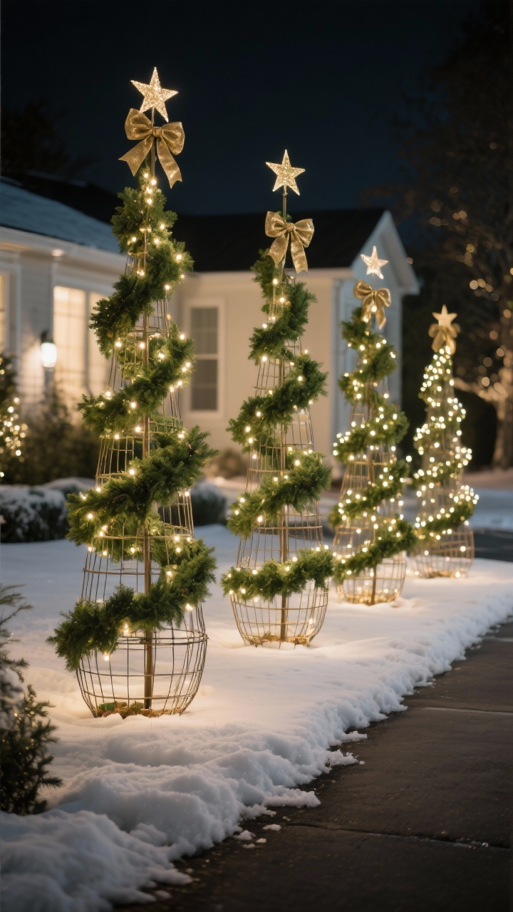 Wide front yard view at night: a mini grove of tomato cages turned upside down and wrapped tightly with lush green garland; each “tree” strung with warm white lights and topped with either a bow or a star; grouped by varied heights along a driveway edge; faux snow blankets beneath for continuity; palette evergreen, warm white, metallic gold; soft glowing night scene with gentle bokeh; straight-on wide composition.