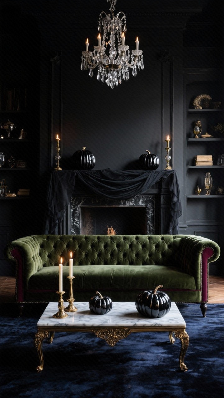 Wide living room shot, Haunted Manor Glam: a dramatic space with a deep charcoal or midnight-blue rug, a tufted velvet sofa in moss or merlot as the anchor, glossy high-gloss black gourds on the mantle, smoky glass pumpkins on a marble coffee table, antique brass taper candle holders casting soft candlelight, a crystal chandelier shimmering above, gauzy black runner draped along shelves for old-manor mystery; palette of black, merlot, moss green, antique brass; textures of velvet, glass, aged metals; moody, low-light ambiance, no people.