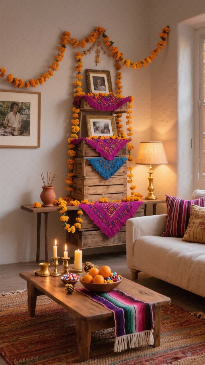 Wide living room shot, straight-on view: a neutral linen sofa and wood coffee table face a slim console turned into a tiered ofrenda using stacked wooden crates, draped with embroidered textiles in magenta, marigold, and cobalt. A warm-toned woven fringed rug grounds the scene; marigold garlands cascade like a waterfall framing the altar. On the tiers: framed photos, a clay water cup, incense, favorite candies, a bowl of oranges, and beeswax tapers in mismatched brass holders. A soft table lamp on a dimmer casts a golden glow. Add embroidered throw pillows and a striped serape runner. Photorealistic, evening, candlelit warmth.