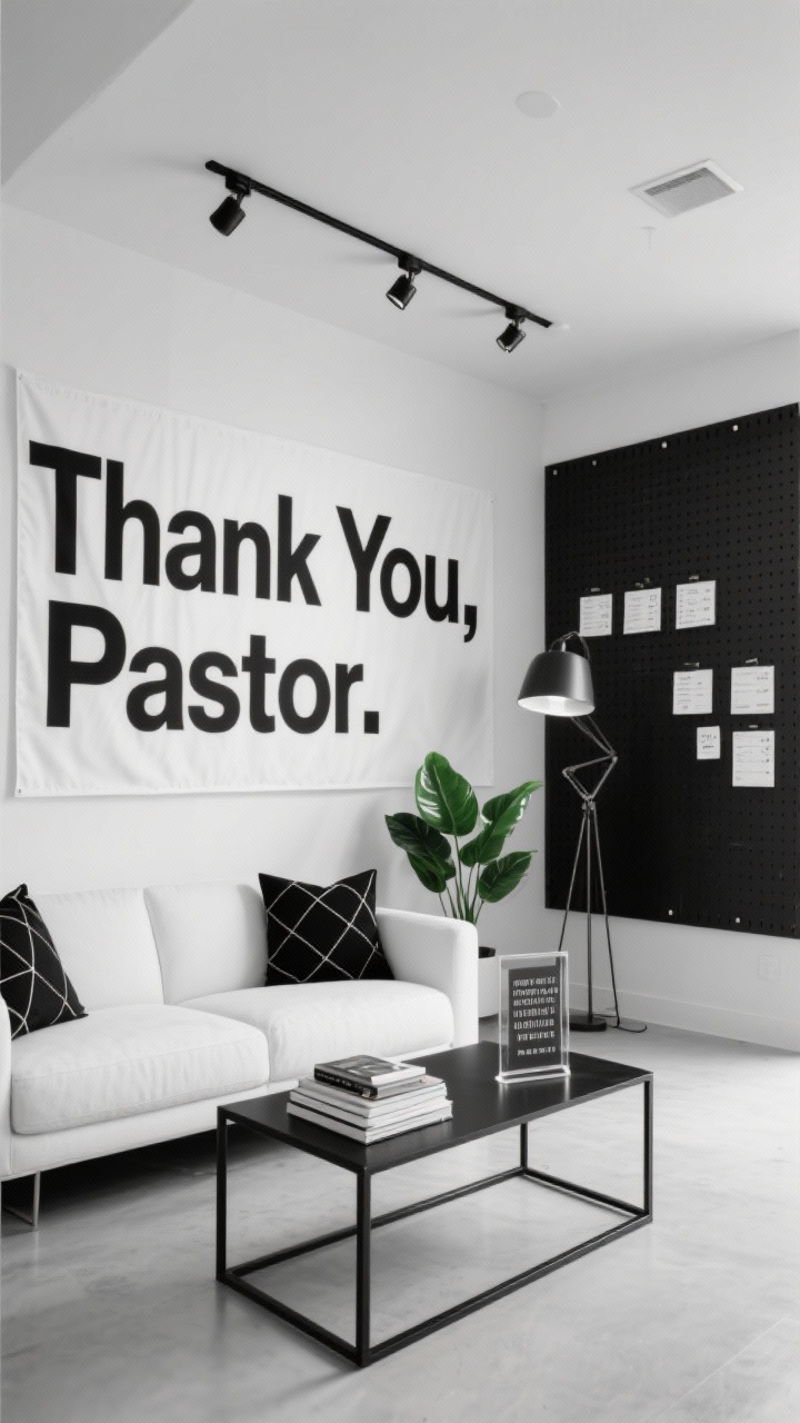 Wide lobby shot, gallery-like straight-on: monochrome black-and-white space with a bold wall banner reading “Thank You, Pastor” in clean sans-serif type; white sofa with geometric black pillows; black metal coffee table holding stacked design books and a small acrylic sign with a Bible verse; glossy green plant as the only color accent; track lighting or a sculptural floor lamp providing crisp illumination; a black pegboard wall displaying schedules and gratitude notes; minimal, uncluttered lines; photorealistic, no people.