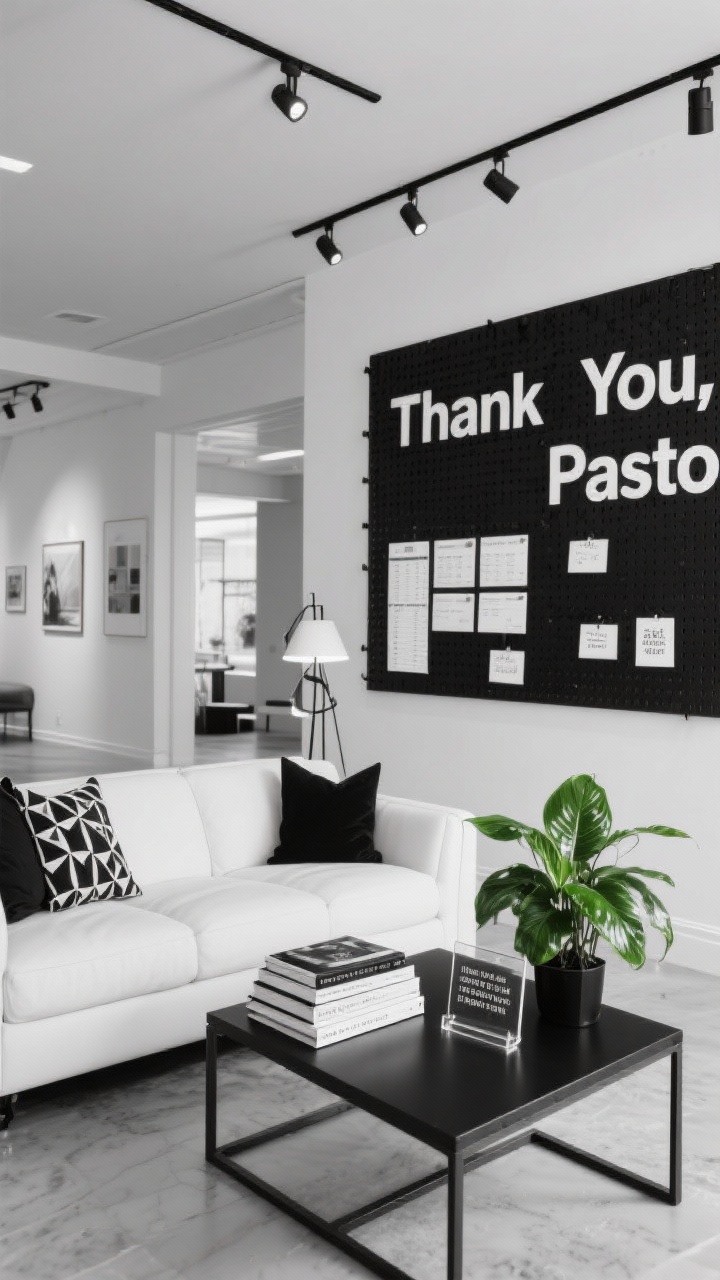 Wide lobby shot, gallery-like straight-on: monochrome black-and-white space with a bold wall banner reading “Thank You, Pastor” in clean sans-serif type; white sofa with geometric black pillows; black metal coffee table holding stacked design books and a small acrylic sign with a Bible verse; glossy green plant as the only color accent; track lighting or a sculptural floor lamp providing crisp illumination; a black pegboard wall displaying schedules and gratitude notes; minimal, uncluttered lines; photorealistic, no people.