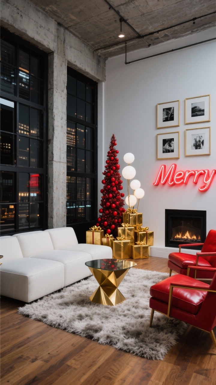 Wide loft view, corner angle: industrial space with black-framed windows and concrete/wood floors; white modular sofa on a shag rug; bold red leather accent chairs and a sculptural gold side table; tall narrow tree with matte red ornaments, white globe lights, and gold geometric shapes; neon-red “Merry” sign over the mantel; stacked gold-wrapped gifts arranged like a gallery installation; gold-framed art grid with black-and-white prints on the wall; white and charcoal base, vivid red, bright gold; leather, metal, shag, glass; crisp evening urban glow.