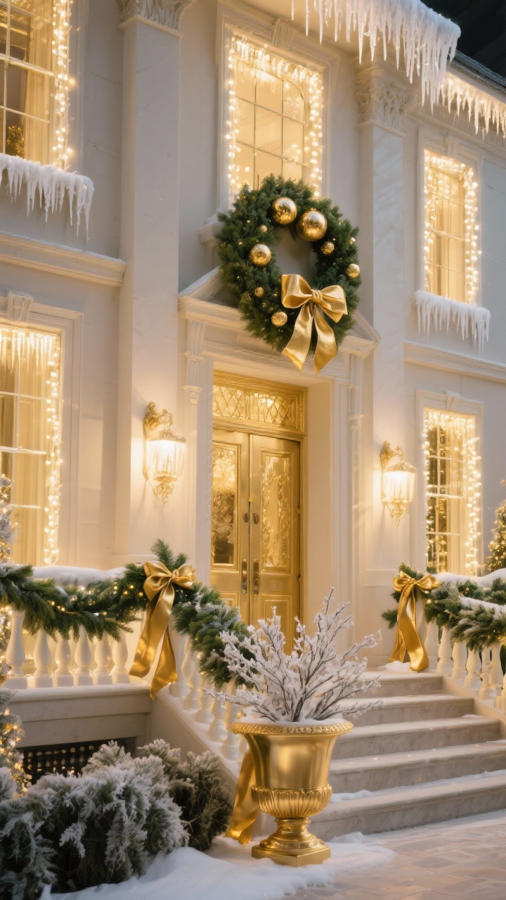 Wide mansion-style facade with gilded glam: warm white icicle lights outlining windows and door, thick evergreen swags across the railing woven with gold ribbon, brushed gold urns holding frosted branches, a grand wreath with oversized gold ornaments and a silk bow, subtle up-lights washing the facade in a soft golden glow; gold, deep green, cream, warm white palette; elegant and dramatic, photorealistic.