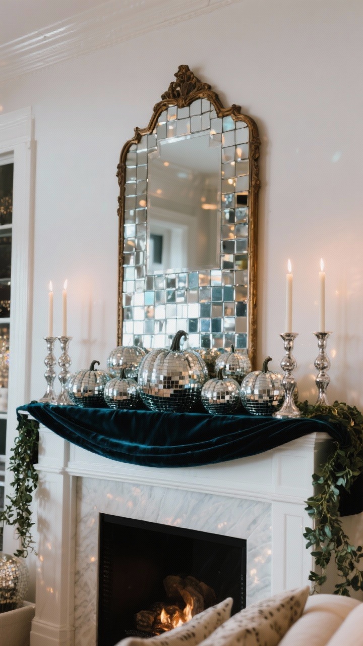 Wide mantel view in a glam living room: crisp white fireplace, large antique mirror above. Mirror mosaic pumpkins with small square mirrored tiles sparkle like disco balls, arranged in varied sizes for a glittery skyline effect. A black or deep teal velvet runner spans the mantel; mercury glass candlesticks with tall unscented tapers glow alongside trailing faux ivy. Dim, ambient lighting with flicker reflections; party-ready yet elegant.