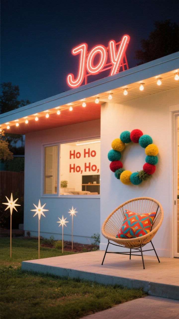 Wide mid-century modern exterior at night: perfectly straight warm bulbs tracing the roofline, neon-inspired LED signs reading “Joy” and “Ho Ho Ho,” atomic starburst stakes punctuating the yard, an Acapulco-style chair with a bright patterned pillow on the porch, and a clean circular wreath featuring felt ball garland in saturated mid-century hues; teal, mustard, cherry red, warm white palette; retro glow and crisp lines, photorealistic.