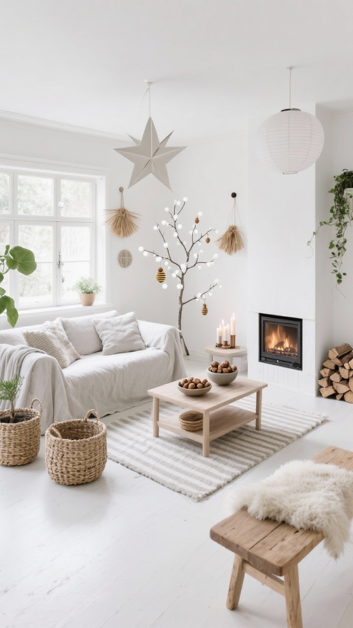 Wide Nordic white living area with natural light, airy overhead-to-corner perspective: snowy whites, soft gray, and fresh greenery. Minimalist slipcovered sofa, light oak coffee table, woven seagrass baskets. Textural layers in linen, wool, and ceramics. Sparse decorations: paper star lanterns, straw ornaments, beeswax candles, a minimalist tree with white lights and wooden beads. Bowl of walnuts, neatly stacked wood by the stove, pale striped rug, and a sheepskin on the bench. Crisp, serene, photorealistic.