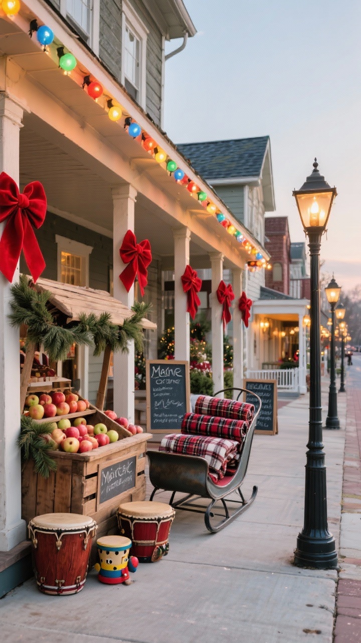 Wide nostalgic streetscape-style porch: roofline trimmed in multi-color C9 bulbs, classic red velvet bows tied on every porch post, a wooden crate market stand with faux apples, pine boughs, and handwritten chalkboard signs, a retro metal sleigh stacked with plaid blanket rolls and toy drums, and lamppost-style pathway lights with flickering bulbs casting a vintage Main Street glow.