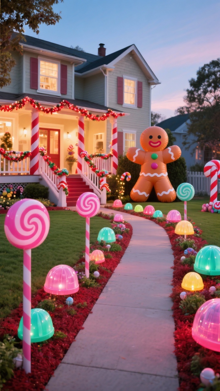 Wide, playful front yard Candyland scene at dusk: palette of peppermint red, bubblegum pink, and mint, oversized lollipop stakes and peppermint swirl markers lining the walkway, a front-yard “gumdrop garden” of dome lights with colorful translucent caps, a giant inflatable gingerbread character, and candy-cane-wrapped garlands around porch rails; bright, whimsical, family-friendly energy.