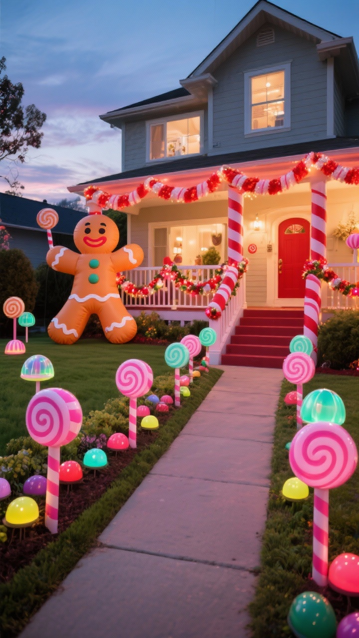 Wide, playful front yard Candyland scene at dusk: palette of peppermint red, bubblegum pink, and mint, oversized lollipop stakes and peppermint swirl markers lining the walkway, a front-yard “gumdrop garden” of dome lights with colorful translucent caps, a giant inflatable gingerbread character, and candy-cane-wrapped garlands around porch rails; bright, whimsical, family-friendly energy.