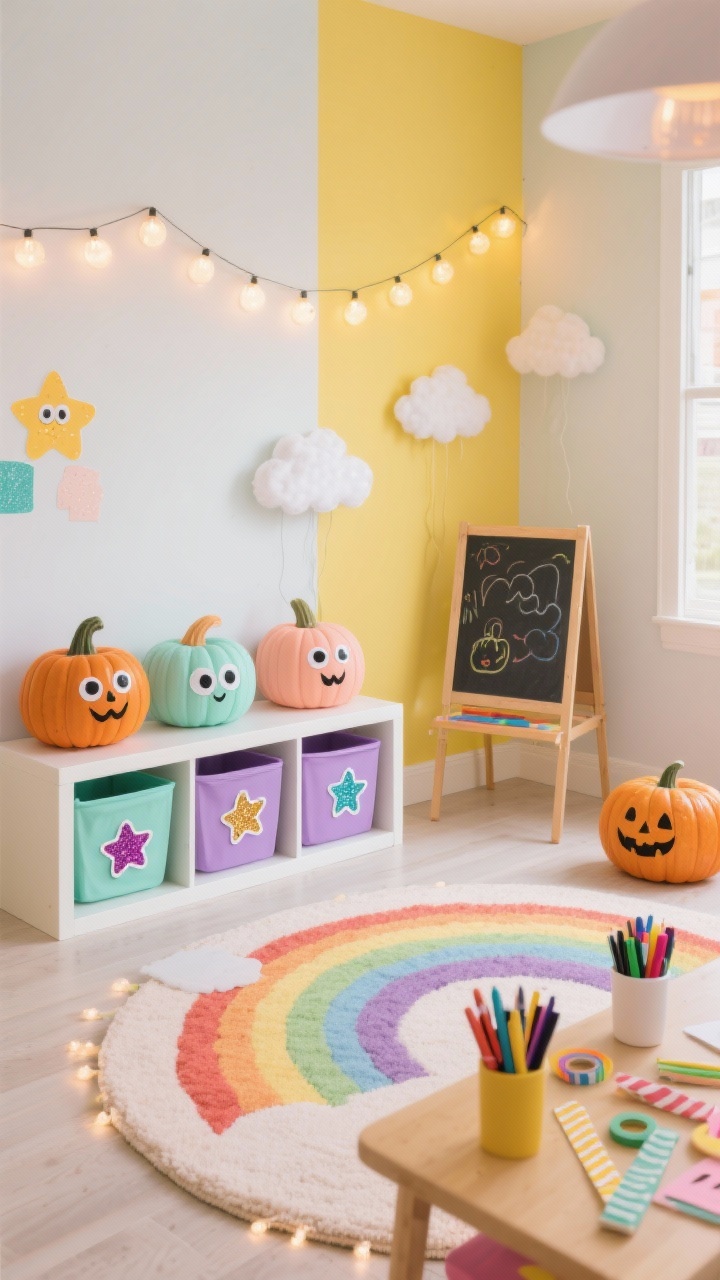Wide, playful kids’ den shot: low cubby shelf with colorful bins displaying sticker-faced pumpkins in mint, peach, and lavender, decorated with goofy eye stickers, glitter stars, and removable decals. A rainbow area rug, string lights shaped like clouds, and a craft table set with markers and washi tape invite hands-on fun. Include a chalkboard easel in the background for seasonal doodles; pastels with pops of sunny yellow, bright cheerful lighting, no sharp tools.