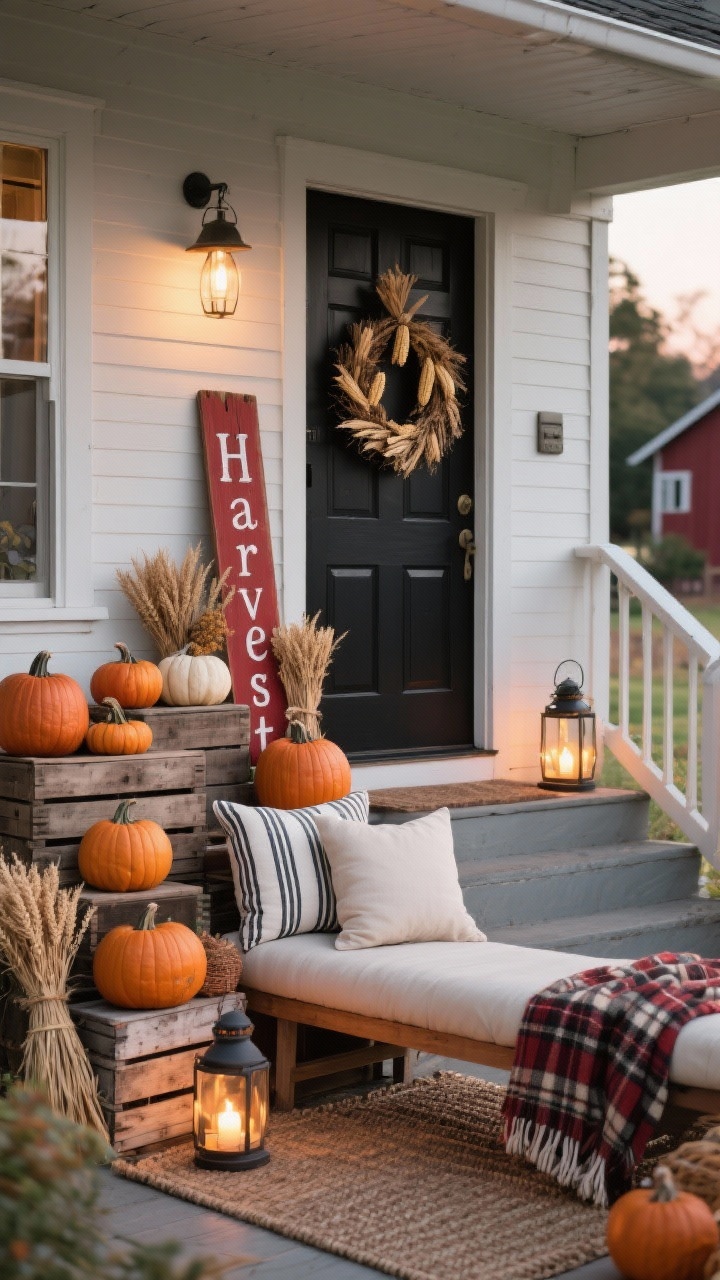 Wide porch scene: A farmhouse porch lounge with weathered wood crates stacked for height, layered with pumpkins of various sizes, wheat bundles, and lanterns tucked between; a woven outdoor rug, a slatted bench piled with ticking-stripe pillows, and a plaid blanket; a matte black front door with a dried corn husk wreath and a hand-painted “Harvest” plank leaning by the steps; colors of barn red accents, cream, soft pumpkin, and charcoal; warm LED battery lantern glow at dusk, photorealistic.