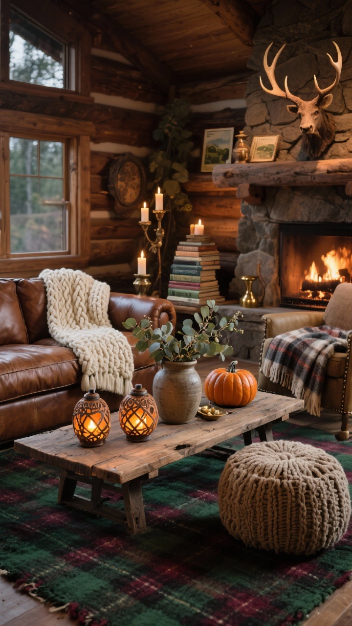 Wide room shot: A rustic lodge living room in a cozy cabin, featuring a walnut leather sofa with a cream cable-knit throw, a wool plaid rug in forest green and burgundy, and a reclaimed wood coffee table lined with three carved pumpkin lanterns using geometric cutouts lit by soft amber battery tea lights; include antler-style candleholders, a stack of vintage field guides, a chunky knit pouf, eucalyptus and seeded eucalyptus in a stoneware pitcher, aged brass accents, flannel and wool textures, and a buffalo-check throw draped over an armchair; warm, fireplace-like evening lighting, photorealistic.