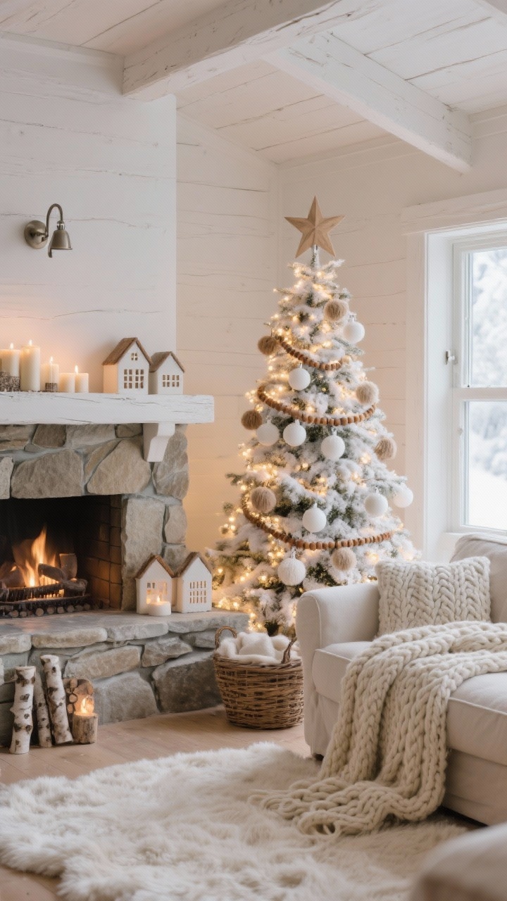 Wide room shot: A serene Alpine chalet-inspired living room featuring a heavily flocked Christmas tree beside a stone fireplace and a linen slipcovered sofa draped with chunky cable-knit throws; the tree is decorated with matte white baubles, wood bead garlands, wool pom-pom ornaments, and a simple bleached wood star topper; warm micro-fairy lights densely wrapped from trunk to tip; color palette of white, oatmeal, and soft stone with brushed nickel hooks; cream faux-shearling tree skirt, birch-log basket, ceramic houses glowing on the mantel, and unscented pillar candles; soft evening ambience, no people, photorealistic.