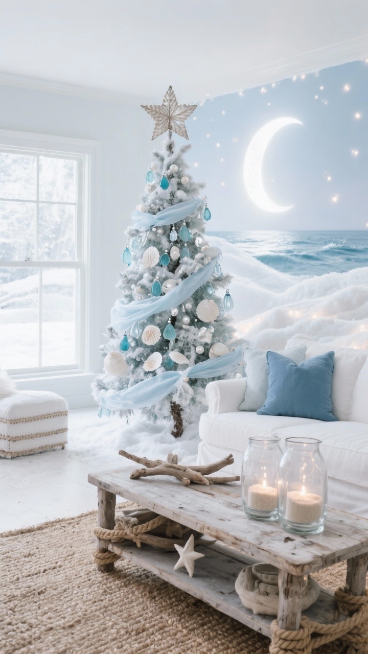 Wide room shot: Coastal snowdrift theme with a flocked tree adorned in sea-glass blues, pearlescent whites, silver shells, pale ocean linen ribbon, and frosted glass drops; cool-white LEDs echoing moonlit surf; capiz shell star topper; placed near white slipcovered seating with indigo pillows, a weathered wood console, sisal rug, rope-wrapped tree collar, and driftwood stars; clear hurricane vases filled with sand and tea lights; fresh, airy, beach-in-winter feel, photorealistic.