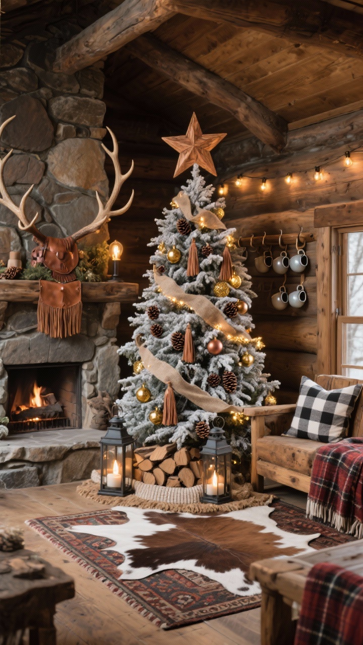 Wide room shot: Rustic lodge setting with a thickly flocked tree decorated with copper ornaments, leather tassels, real pinecones, burlap ribbon, and a few antler-style picks; golden Edison micro-lights for warmth; hand-carved wood star topper; surrounded by reclaimed wood furniture, buffalo-check pillows, a stone-look hearth, cowhide or kilim rug, iron lanterns, knit tree skirt, stacked firewood, plaid throws, and enamel mugs on hooks; rugged, welcoming, photorealistic.