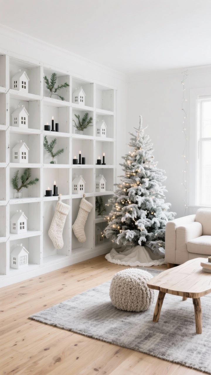 Wide room shot, Scandinavian cozy den: creamy white walls, pale oak wood floors, soft gray rug. A full wall of white spray-painted milk crates stacked in an offset grid from floor to ceiling, zip-tied and anchored for a built-in look. Each cubby styled with white ceramic houses, chunky knit stockings, eucalyptus sprigs, and matte black candleholders. A frosted faux Christmas tree with white twinkle lights and a linen tree skirt sits nearby. Low-profile oatmeal sofa, birch coffee table, and boucle poufs complete the scene. Palette: white, pale oak, charcoal, soft sage. Soft, snowy, hygge mood with diffuse natural daylight.