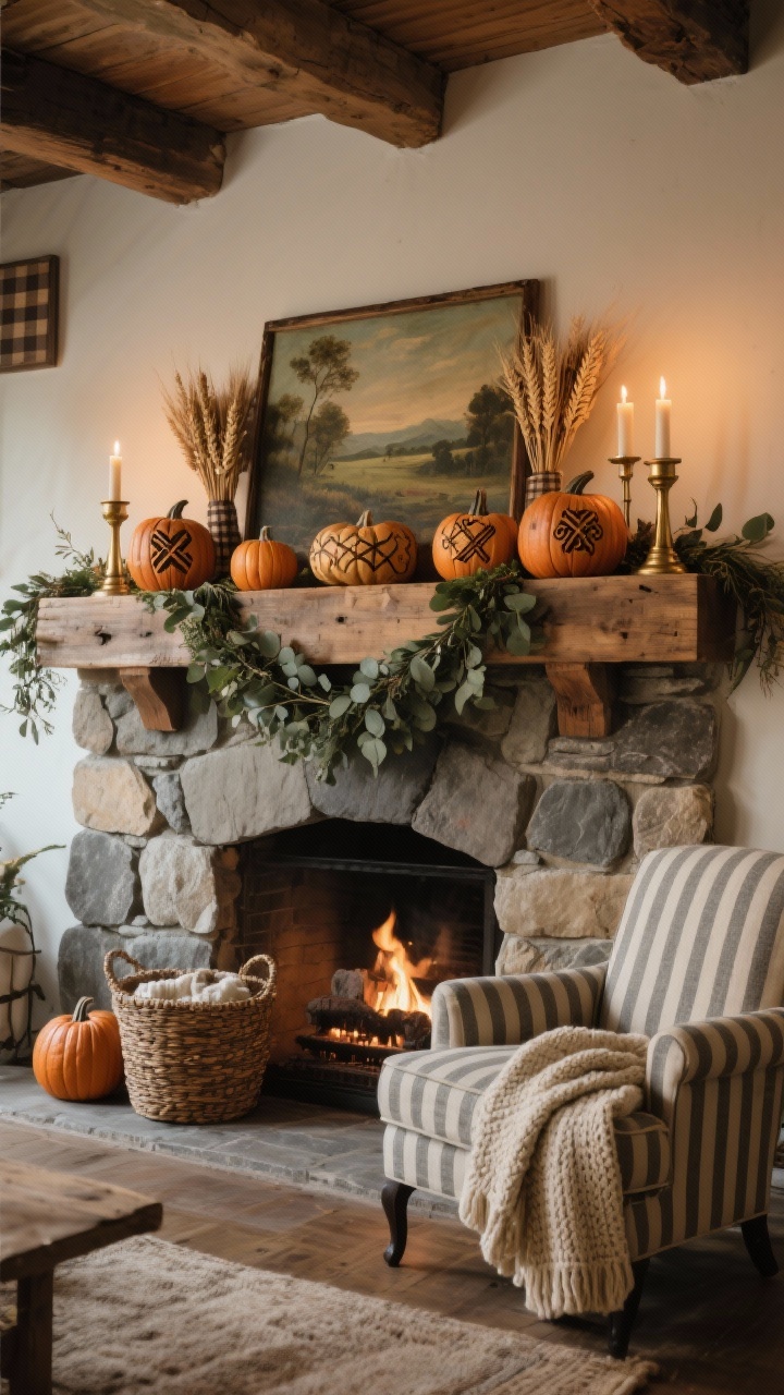 Wide rustic farmhouse mantel scene: chunky reclaimed wood mantel over a stacked stone fireplace, eucalyptus garland and burnished brass candlesticks arranged among pumpkins etched with wood-burned patterns—wheat sheaves, plaid crosshatch, scrolling vines—with subtle smoke-darkened edges. A vintage landscape painting leans on the mantel; a woven basket of knit throws sits at the hearth; a ticking-stripe armchair nearby. Warm evening glow, palette of caramel, olive, cream, soot gray; photorealistic.