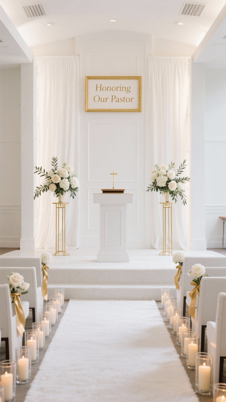 Wide sanctuary shot, straight-on to the altar: crisp white altar backdrop with subtle paneling/chiffon drape gently backlit for depth; matte white rug under the pulpit; two tall gold metal stands flanking the pulpit with white hydrangeas, roses, and olive branches; stage edge lined with rows of low glass cylinders containing flickering LED candles; every seat features a small white program tied with a thin gold satin ribbon; a gold-framed sign reading “Honoring Our Pastor”; palette white, ivory, soft gold; serene, pure, peaceful mood; photorealistic, no people.