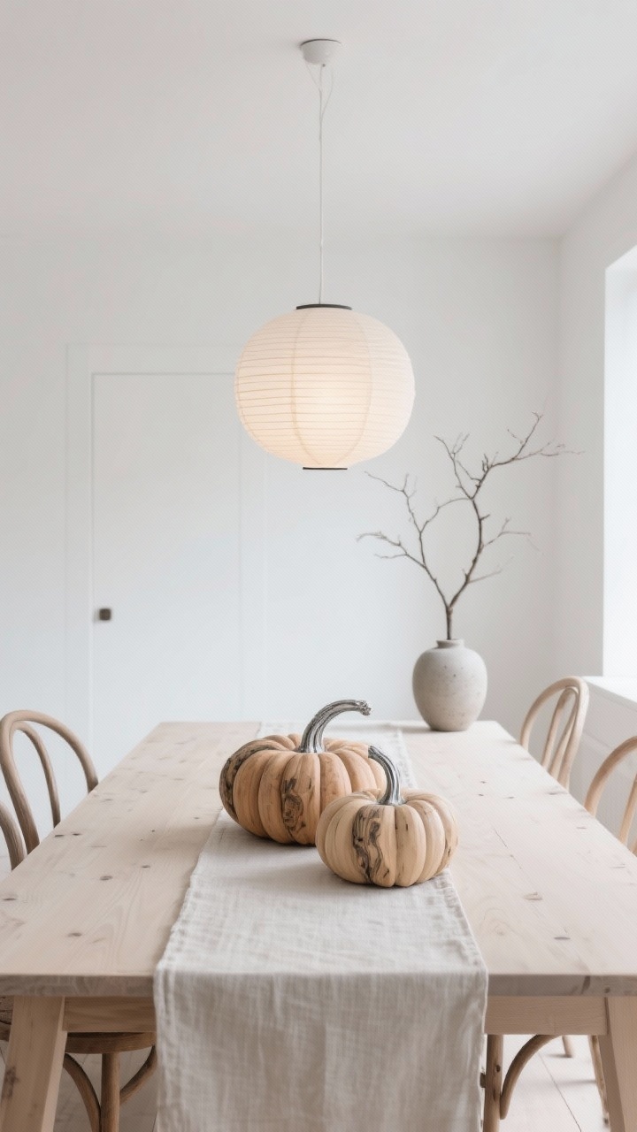 Wide Scandinavian dining room: pale wood dining table with a natural linen runner, curved wishbone chairs, clean white walls. Centerpiece of faux carved wood-effect pumpkins in bleached oak and driftwood shades with silvery stems, subtle painted woodgrain across their ribs. Overhead, a paper lantern pendant glows softly; a single bare branch in a matte stoneware vase completes the look. Palette of white, sand, pale ash, soft gray; airy and natural daylight, photorealistic.