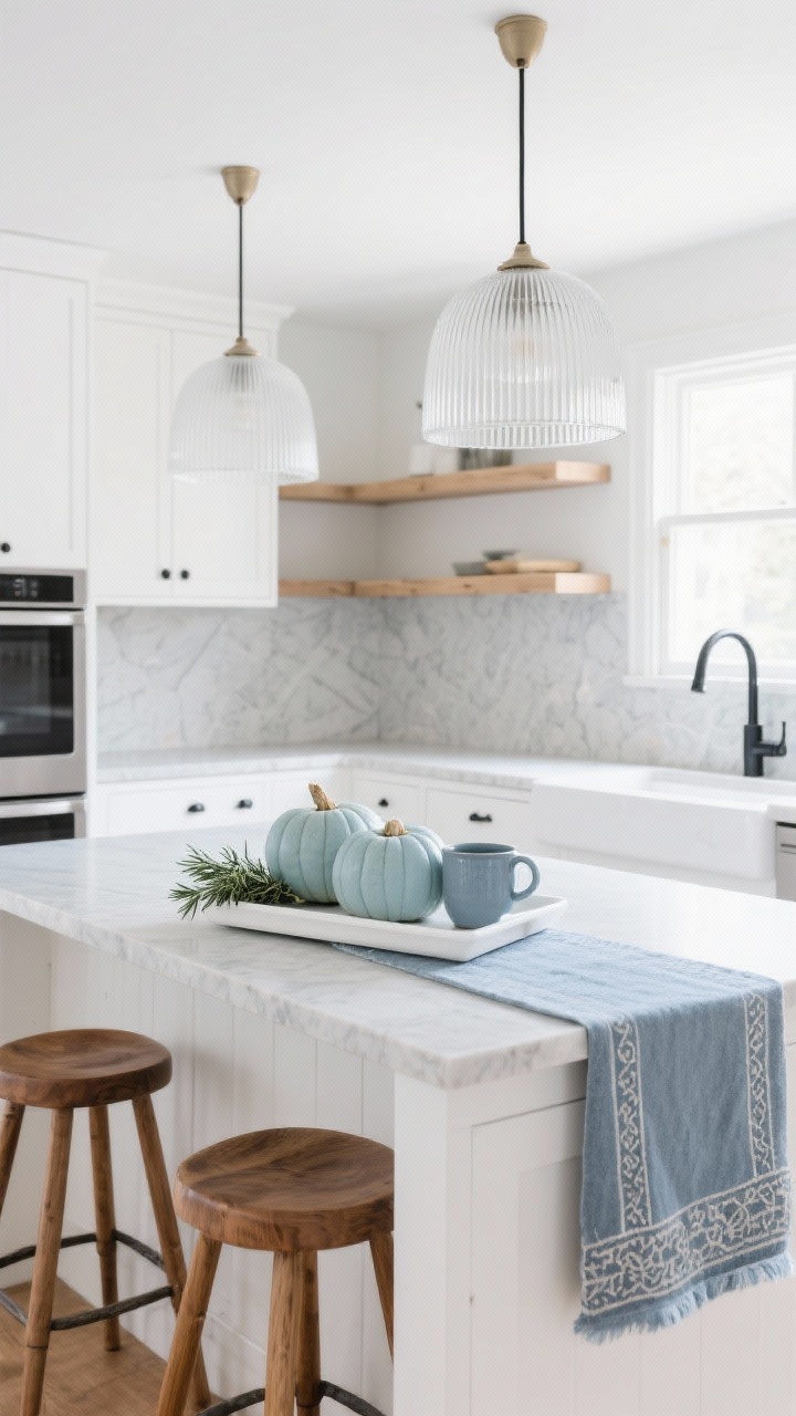Wide, Scandinavian minimal kitchen, bright and pared-back: white shaker cabinets, light oak open shelves, pale gray stone slab counters, matte black hardware. On the island, a simple white tray with three powder-blue pumpkins and a fresh sprig of rosemary, feeling architectural. Ribbed glass pendant overhead, stoneware mugs in foggy blue, oak stool trio, Turkish runner in blue-gray, matte black faucet. Counters mostly clear. Crisp morning natural light for clarity and fresh starts.